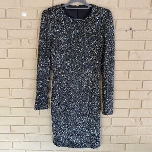 Rachel Zoe Womens Sz Large Sequins Long Sleeve Mini Dress Pewter Cocktail Party